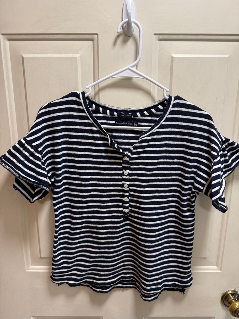 Abercrombie & Fitch Navy and White Striped Short Sleeve Henley Tee XS